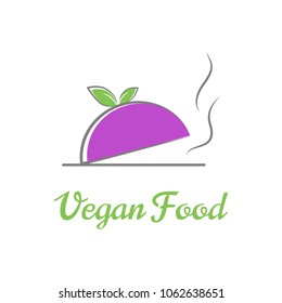 Vector logo template for eco food. Illustration of lid with aroma coming out. Vegan badge. Can be used for vegetarian cafe, store or shop. EPS10. Bio product logotype.