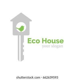 Plantilla de logotipo vectorial para hogar ecológico. Ilustración de la casa en forma de llave, con un pájaro dentro. EPS10. Idea creativa para el logotipo de la empresa de construcción.