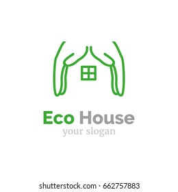 Vector logo template for eco home. Two hands forming the roof of the house. Eco product sign. EPS10.