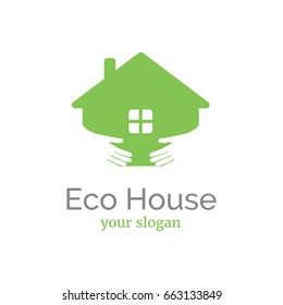 Vector logo template for eco home. Two arms hugging the house. Eco product sign. EPS10. Countryside village emblem.