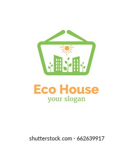 Vector logo template for eco house. Illustration of tall buildings, trees, sun in shopping basket. Eco product sign. EPS10. Countryside village.