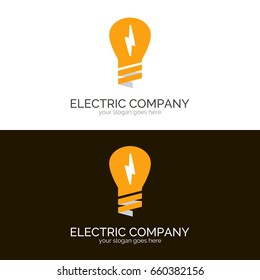 Vector logo template for electric company. Illustration of yellow light bulb with sign of electricity on white and black background. Electro icon. Design element for logotype. EPS10.