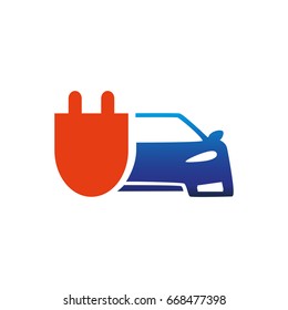 Vector logo template for electric filling. Silhouette of car with electric plug. EPS10. Electric car flat icon.Design element for car service or car wash.