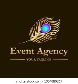 Vector logo template for event agency in gold color. Illustration of  peacock feather. Creative logotype for business company.