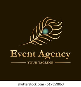 Vector logo template for event agency in gold. Illustration of  peacock feather. Logotype for your business company.