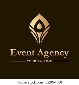 Vector logo template for event agency in gold color. Illustration of  peacock feather. Can be used for identity for your business company.