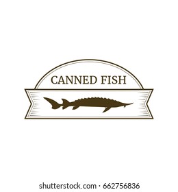 Vector logo template for fish preserves. Silhouette of sturgeon fish. Can be used for labels on canned fish. EPS 10. Design element for fish-menu.