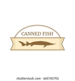 Vector logo template for fish preserves. Illustration e of sturgeon fish. Can be used for labels on canned fish. EPS 10. Design element for fish-menu, banners.