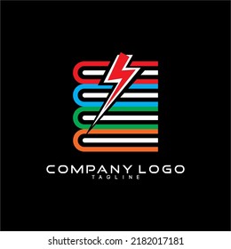 Vector logo template flat style design. Stack of books with electric energy icons. The concept of the power of knowledge.
