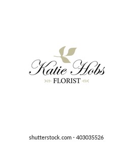 Vector logo template. Floral logotype with green leaf. Hand-drawn elements