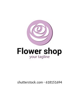 Vector logo template for florist, Spa salon, floral boutique. Illustration of white rose in pink circle. EPS10. Creative flower logotype. 