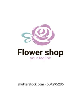 Vector logo template for flower shop or store, floral atelier, spa, boutique, beauty salon. Beautiful rose with leaf isolated on white background. Rose icon. EPS10. Creative logotype.