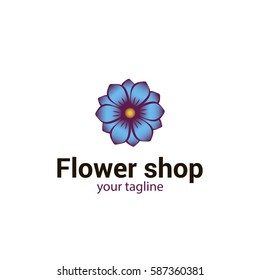 Vector logo template for flower shop or store, spa, floral atelier, boutique, beauty salon. Flower icon in blue color. Can be used for design of banners. EPS10. Creative logotype. 
