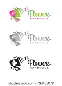 Vector logo template. Flowers Handmade. Floral logotype with red flower and hand in green circle. Badge for small businesses - Flower shop. Sticker, stamp, logo for design, hands made. 