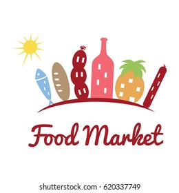 Vector logo template for food market or store. Multicolor illustration of the city, houses in the form of bread, pineapple, wine, fish, sausage. Creative logotype for the grocery store. EPS10.