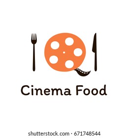 Vector logo template for food market, store, cafe or restaurant. Illustration of a plate in the form of filmreel. Creative flat design logotype. Can be used for design element of banners, menu.