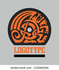 Vector logo template in the form of an ornamental dragon inscribed in a circle in the traditional Celtic style 