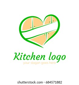 Vector logo template for furniture company. Illustration of heart with beige kitchen inside. EPS10. Creative logotype.