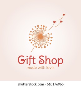Vector logo template for gift shop, design banners. Illustration of a dandelion with flying heart-shaped fuzz. Can be used for print on T-shirts for boys and girls.
