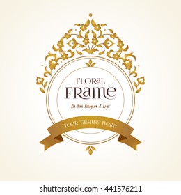 Vector logo template. Golden ornate element for design. Place for company name, slogan, monogram. Floral ornament for business card, boutique brand, certificate, business sign, coat of arms, blazon.