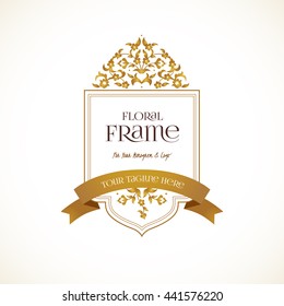 Vector logo template. Golden ornate element for design. Place for company name, slogan, monogram. Floral ornament for business card, boutique brand, certificate, business sign, coat of arms, blazon.