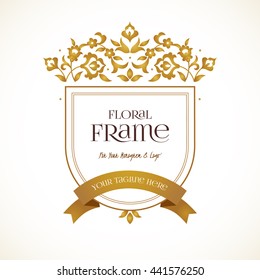 Vector logo template. Golden ornate element for design. Place for company name, slogan, monogram. Floral ornament for business card, boutique brand, certificate, business sign, coat of arms, blazon.