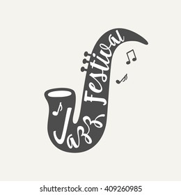 Vector logo template. Hand drawn saxophone icon with lettering. Perfect for music events, jazz concerts and festivals. Vector illustration.