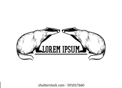 Vector logo template with hand drawn cute badgers. Ink drawing, graphic style. Beautiful design elements.