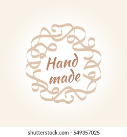 Vector logo template for hand-made products, shops or handcrafted company. Homemade icon. Creative handmade logotype in brown colors.
