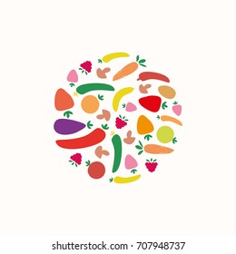 Vector logo template for healthy food. Natural logotype. Vegan label. Can be used for vegetarian cafe, store or shop. EPS10. Circle fruit badge.