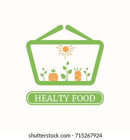 Vector logo template for healthy food. lllustration of  shopping basket in which grows vegetables and fruits. Vegan label. Can be used for vegetarian cafe, store or shop. EPS10.