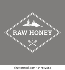 Vector logo template for honey store. Label in retro style. Illustration with crossed spoons for honey, bees  and fir trees. Concept for organic farm products. EPS10. 