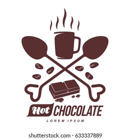 Vector Logo Template Hot Chocolate. Hot Cocoa, Roasted Cocoa Beans. Vector Template For Business Card, Poster, Banner, Design Elements For Cafe, Coffee Shop. Isolated On White Background.