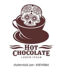 Vector logo template hot chocolate. Hot cocoa, marshmallow. Vector template for business card, poster, banner, design elements for cafe, coffee shop. Isolated on white background.