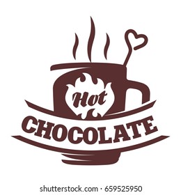 Vector logo template hot chocolate. Hot cocoa, marshmallow. Vector template for business card, poster, banner, design elements for cafe, coffee shop. Isolated on white background.