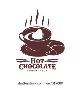 Vector logo template hot chocolate. Hot cocoa, marshmallow. Vector template for business card, poster, banner, design elements for cafe, coffee shop. Isolated on white background.