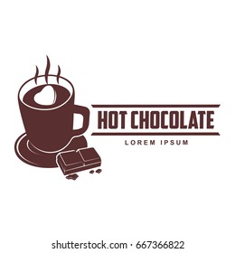 Vector logo template hot chocolate. Hot cocoa, marshmallow. Vector template for business card, poster, banner, design elements for cafe, coffee shop. Isolated on white background.
