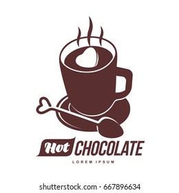 Vector logo template hot chocolate. Hot cocoa, marshmallow. Vector template for business card, poster, banner, design elements for cafe, coffee shop. Isolated on white background.