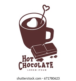Vector logo template hot chocolate. Hot cocoa, marshmallow. Vector template for business card, poster, banner, design elements for cafe, coffee shop. Isolated on white background.