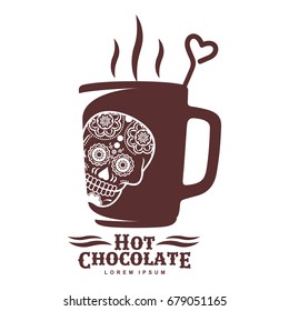 Vector logo template hot chocolate. Hot cocoa, marshmallow. Vector template for business card, poster, banner, design elements for cafe, coffee shop. Isolated on white background.