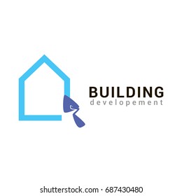 Vector logo template for house repair company. Illustration of house and trowel. Repair icon concept. EPS10. Creative flat icon concept. Architecture. Style and modern logotype.