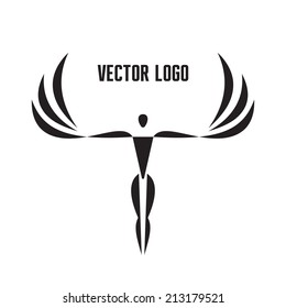 Vector logo template - human character figure with wings. Graphic sign in black and white colors. Vitruvian man style. Creative illustration. Design element. 