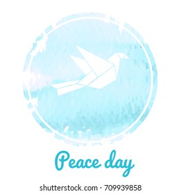 Vector logo template for international peace day. Origami style. Watercolor circle with illustration of pigeon. Design element for banners. EPS10.