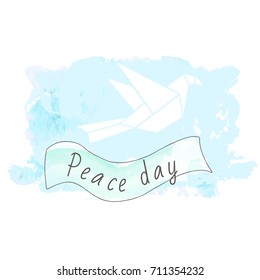 Vector logo template for international peace day. Origami style. Watercolor background with illustration of pigeon and banner. EPS10.