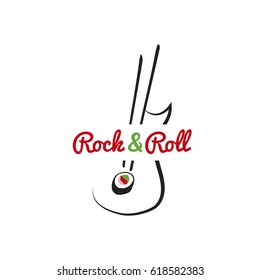 Vector logo template for Japanese cafe. Illustration of guitar, sushi sticks in the form of a guitar fretboard and roll. EPS10.