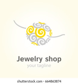 Vector logo template for jewelry shop or store. Bead with ether symbol in yellow and gray colors. EPS10. Jewel icon. Simple and modern logotype.