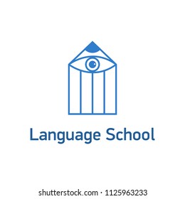 Vector logo template for language school, translation, linguistic center, teacher. Education icon. EPS10. Illustration of pencil with eye.