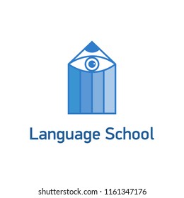 Vector logo template for language school. Illustration of pencil with eye. Education label, icon. EPS10. Creative design concept for linguistic or translation center, teacher.