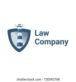 Vector logo template for law company. Creative idea for lawyer logotype. Sign of blue lighthouse on the shield. EPS10. 