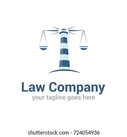 Vector logo template for law company. Creative idea for lawyer logotype. Sign of blue lighthouse with scales. EPS10. 